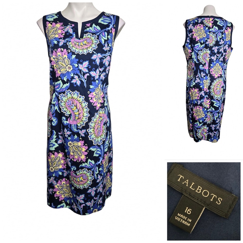 Talbots dress plus size 16 Blue Paisley Floral Cotton Split Neck Sheath VN5238
